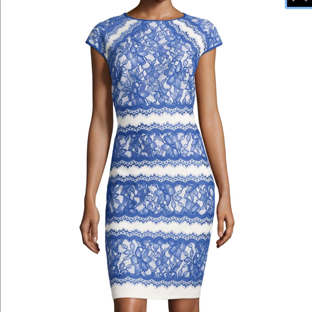 Tadashi Shoji Blue and White Lace-Overlay Mini Dress